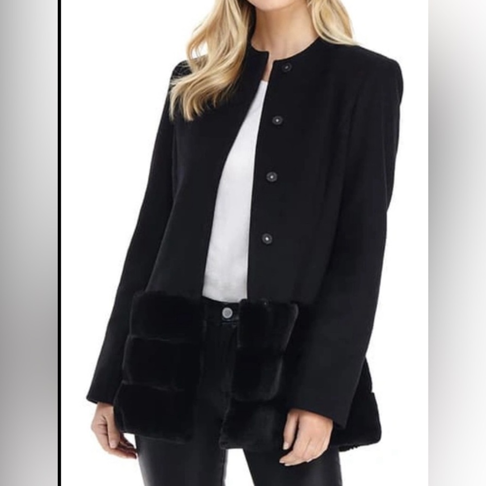Gal Meets Glam Quiet Luxury Black wool blend jacket with faux fur hem